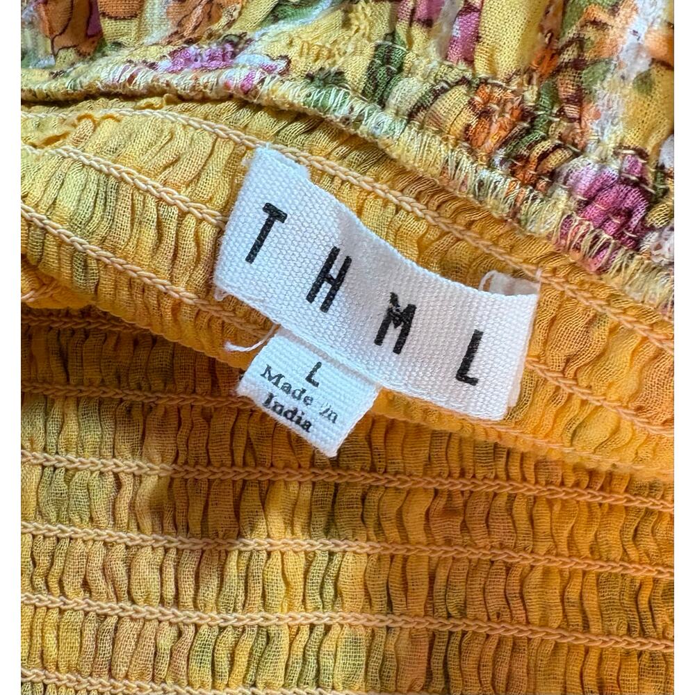 THML Women’s marigold/yellow floral dress, smocked bodice, pockets, ruffle, L - Picture 6 of 7